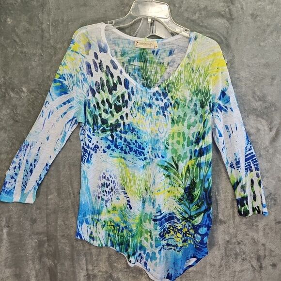 Impulse California women's sz Med top blue yellow vneck long sleeve USA tunic - Picture 1 of 12
